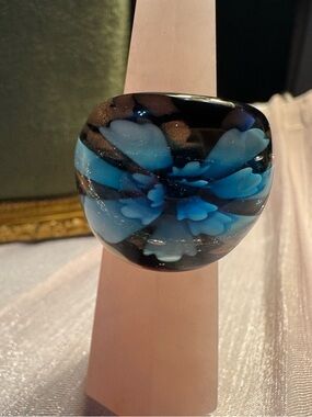 Blue Floral Glass Statement Ring
